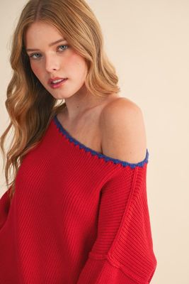 Tri Stitch Off Shoulder Sweater-Red