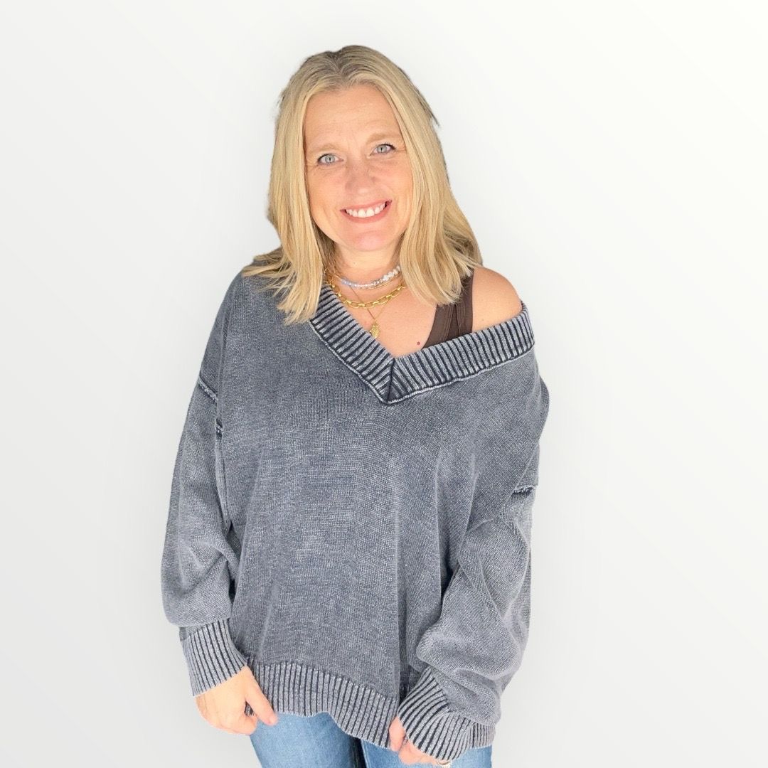 Washed Up V Neck Sweater-Navy