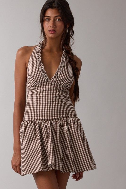 Check Her Out Halter Dress-Brown