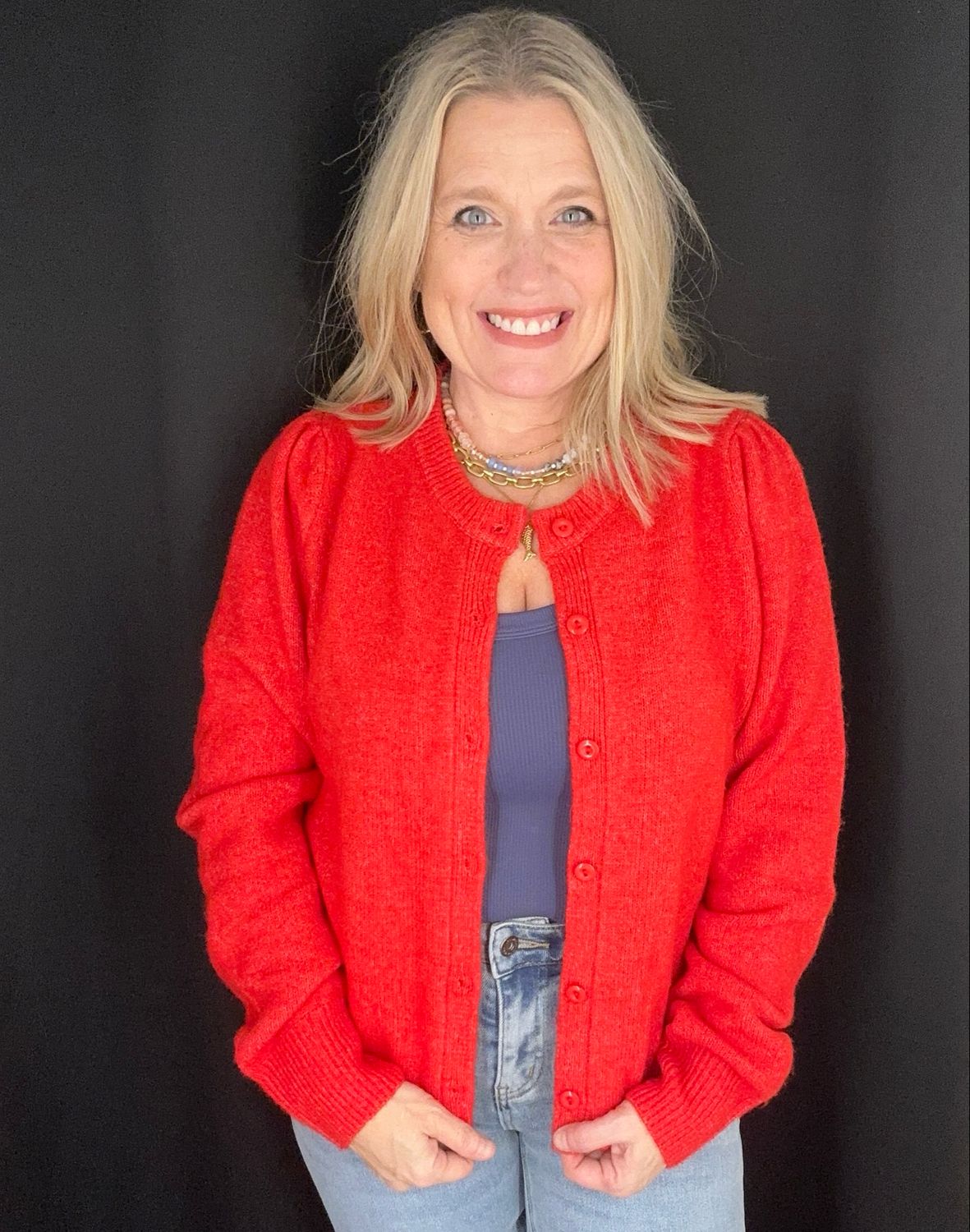 Puff Sleeve Cardi-Red