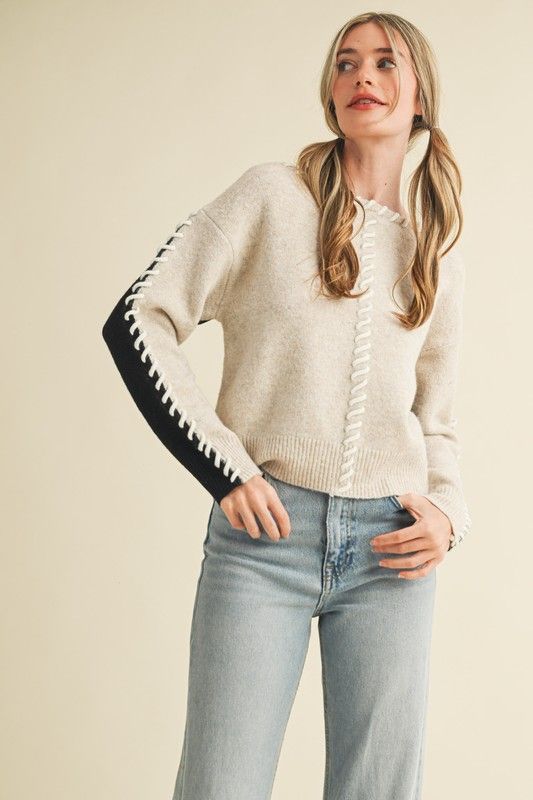 Whip Stitch Colorblock Sweater-Gry