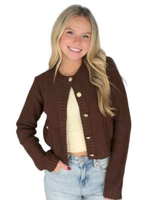 Gold Button Crop Cardi-Brn