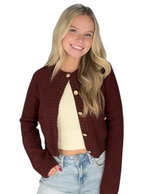 Gold Button Crop Cardi-Wine