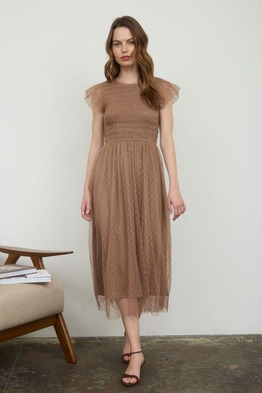 Dotty Chiffon Midi Dress-Choc