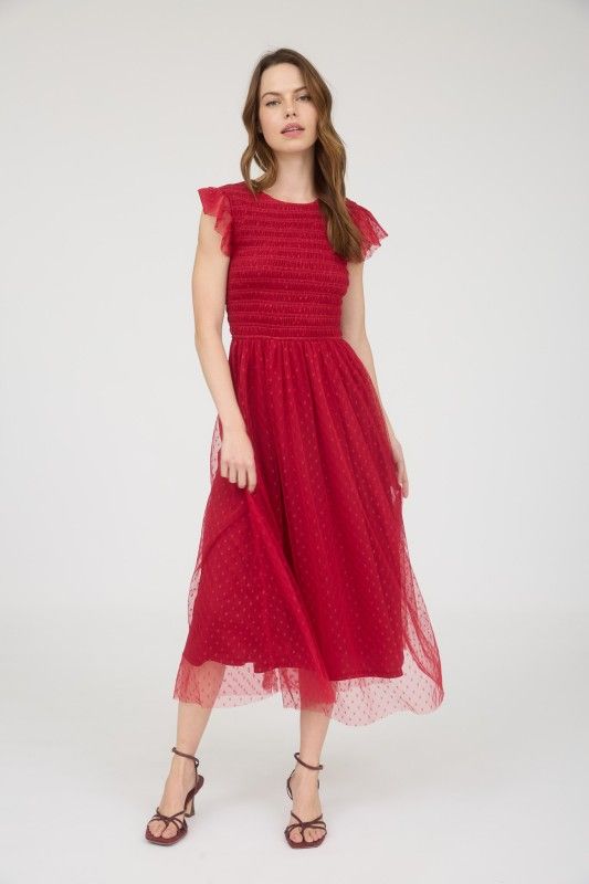Dotty Chiffon Midi Dress-Red