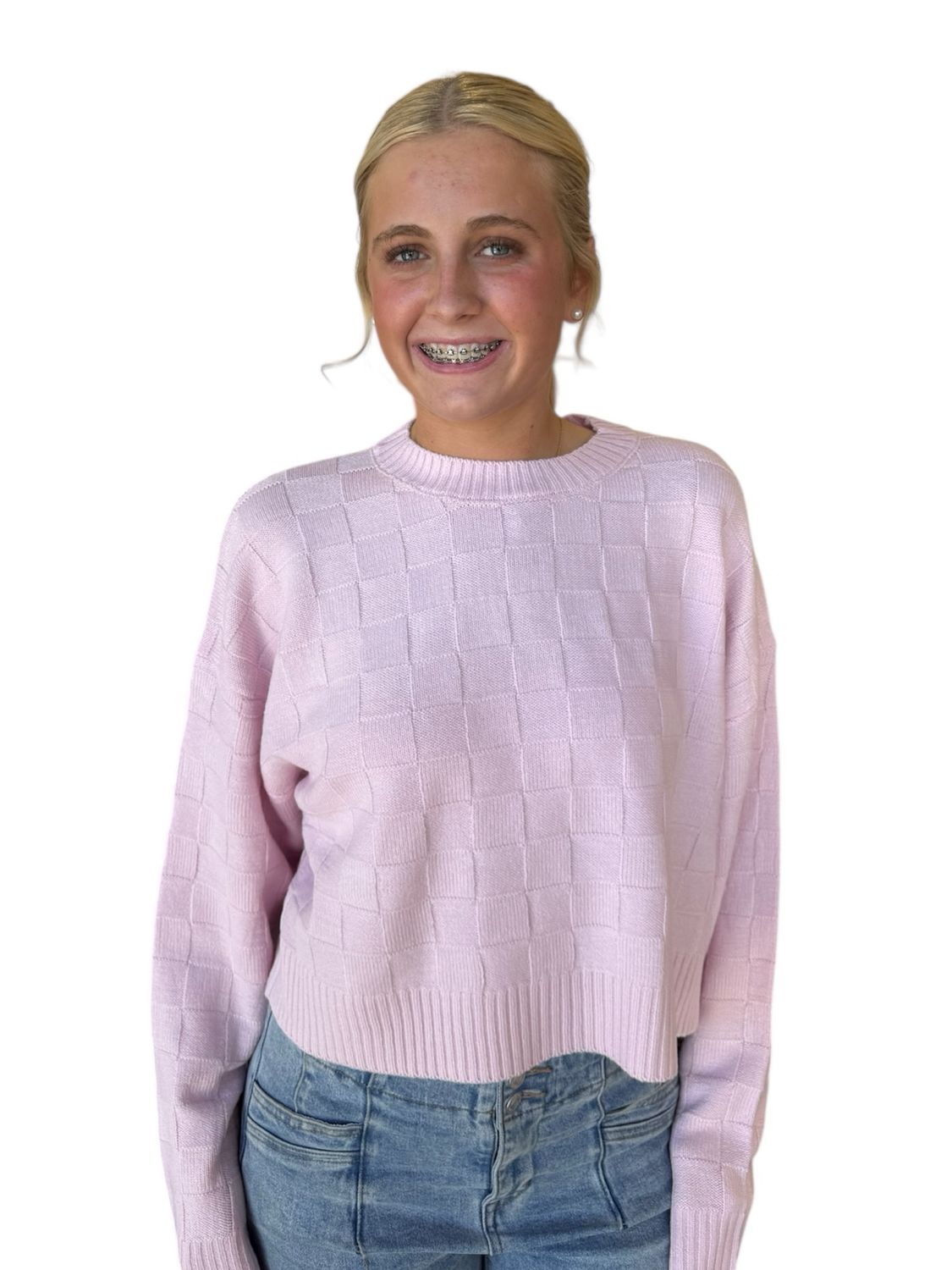 Tonal Checked Out Sweater-Pink
