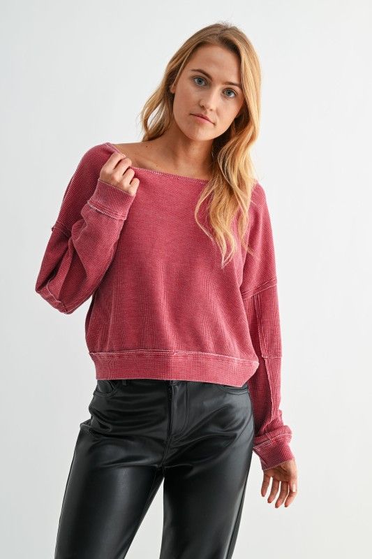 Waffle Off Shoulder Top-Red
