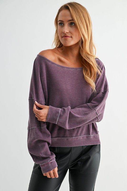 Waffle Off Shoulder Top-Plum