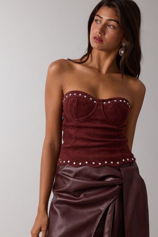 Studded Suede Tube Top-Wine