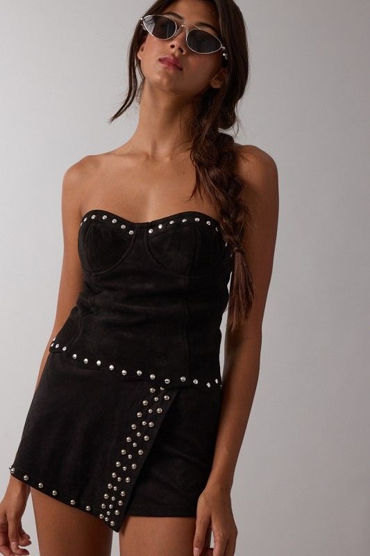 Studded Suede Tube Top-Blk