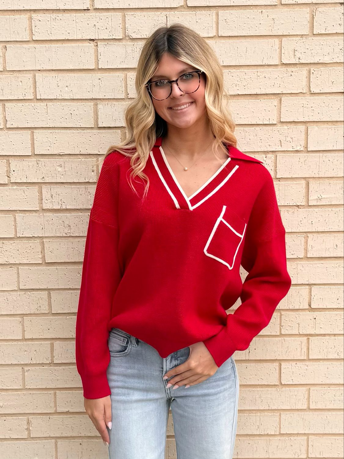 Jen Pocket Sweater-Red