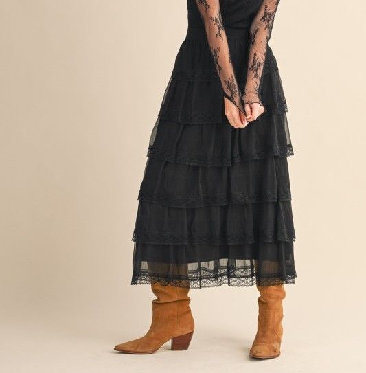 Cheri Chiffon Midi Skirt-Blk