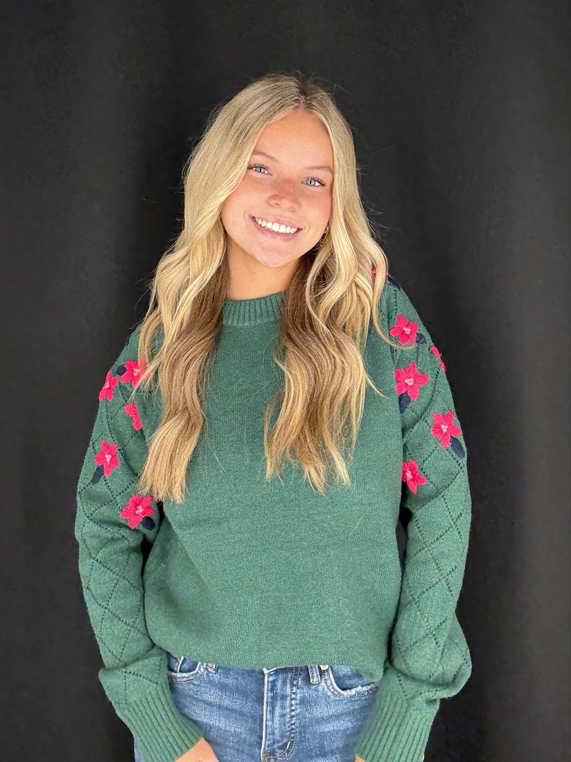 Floral Sleeve Sweater-Green