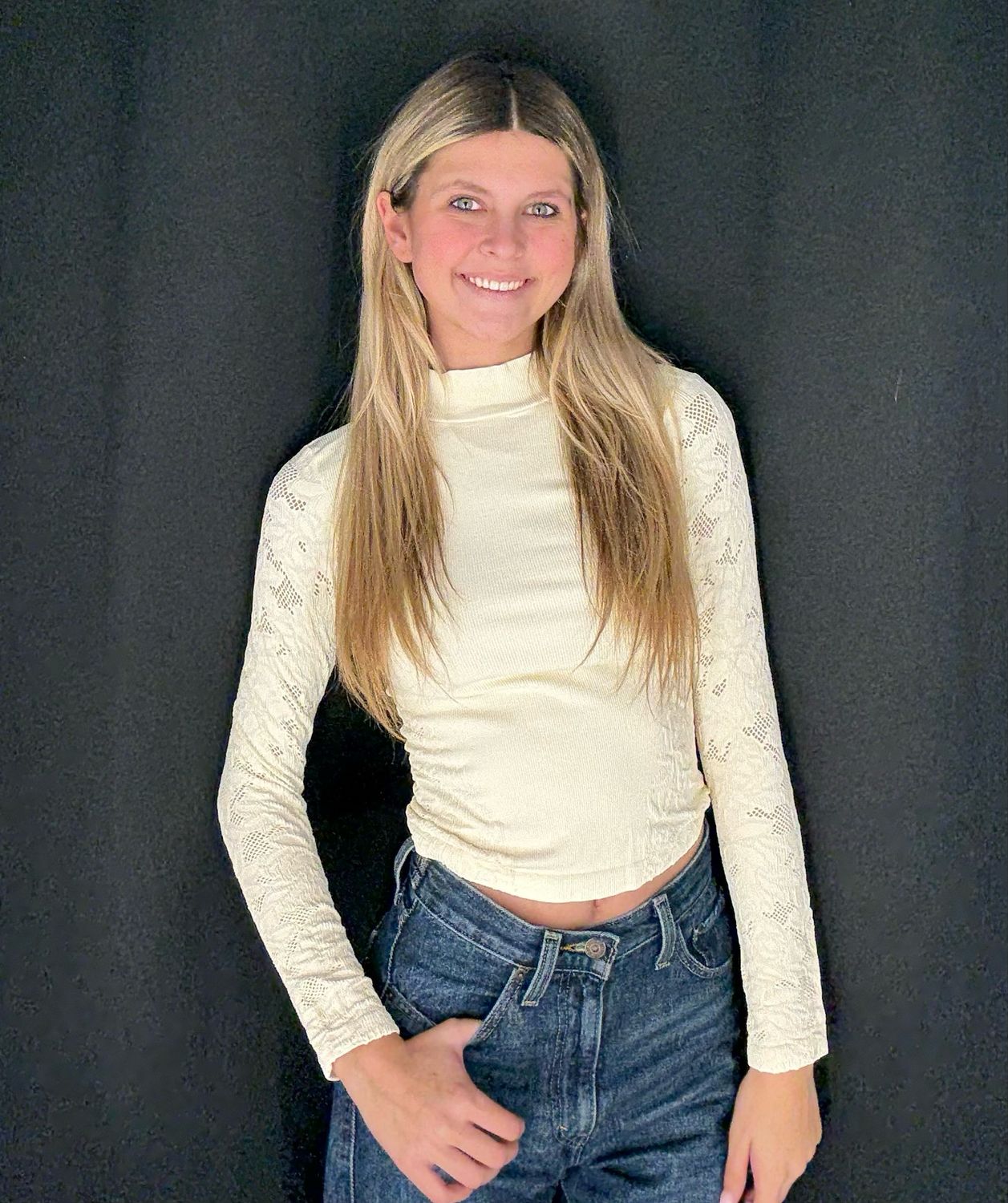 Lace Sleeve Mock Neck-Cream