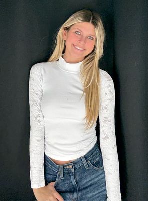 Lace Sleeve Mock Neck-Wht