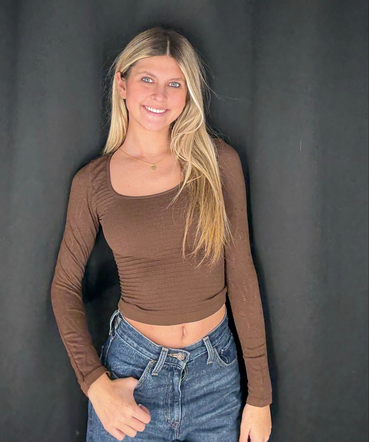 Lace Sleeve Scoop Neck-Coffee