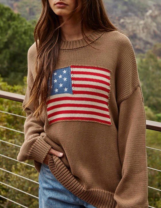 Oversized Flag Sweater-Brown