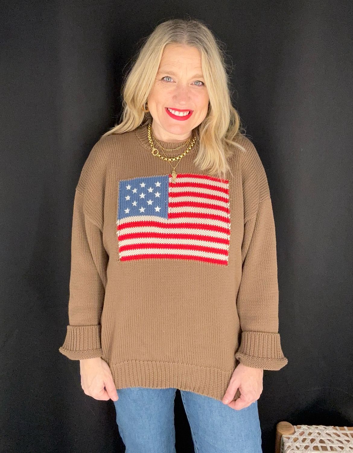 Oversized Flag Sweater-Brown