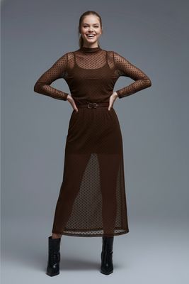 Dotty Sheer Dress-Brown