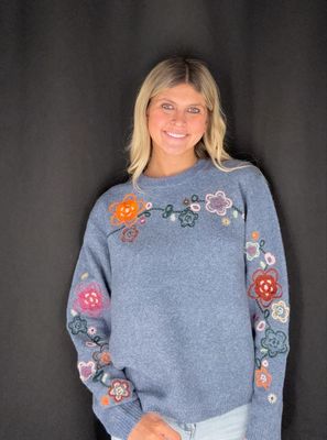 All Over Floral Emb Sweater-Navy