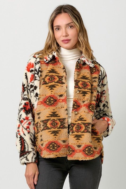 Colorblock Sherpa Jacket-Oatmeal