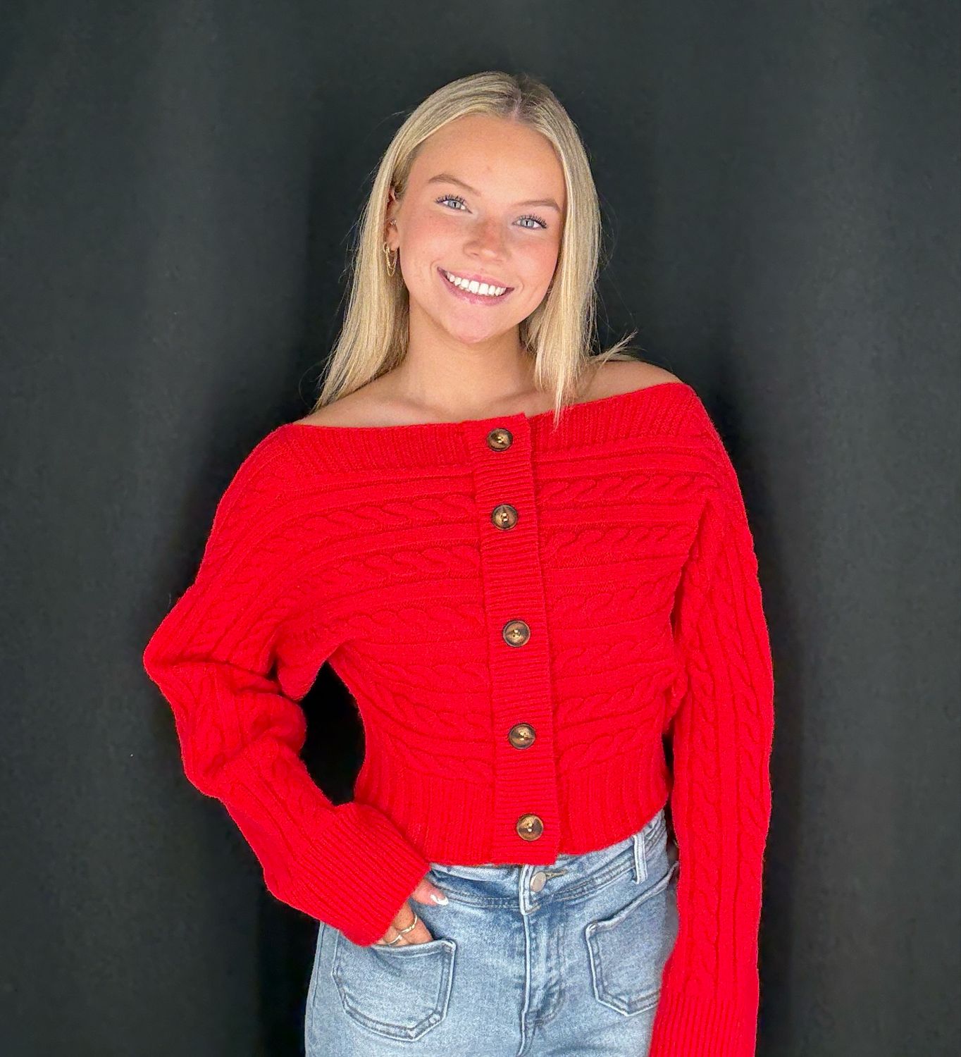Off Shoulder Cardi-Red