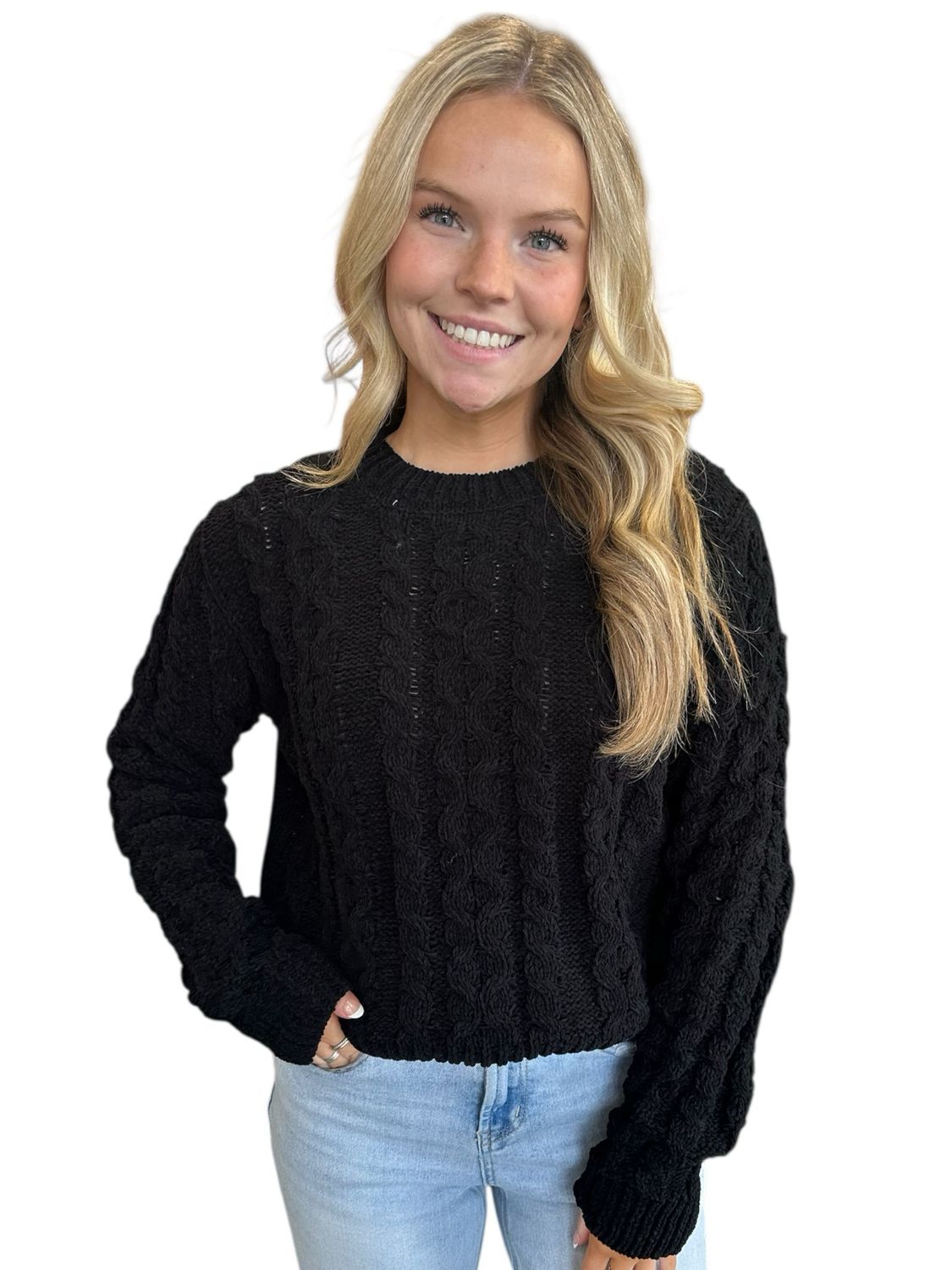 Cable Crew Neck Sweater-Blk