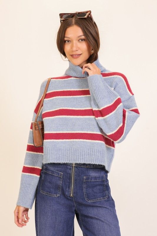 Coastal Stripe Turtle Neck Sweater-Blue