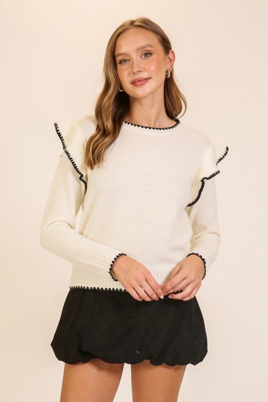 Contrast Stritch Ruffle Sweater