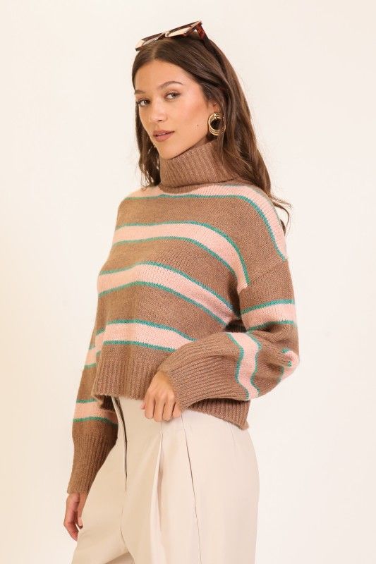 Coastal Stripe Turtle Neck Sweater-Brown