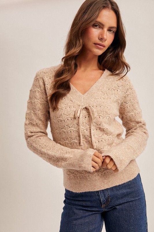 Bow Detail V Neck Sweater-Tan