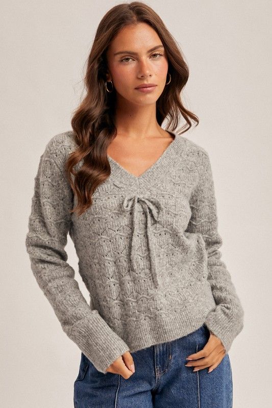 Bow Detail V Neck Sweater-Grey