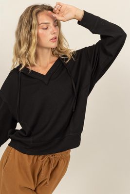 Relaxed V Neck Hoodie-Blk