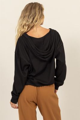 Relaxed V Neck Hoodie-Blk