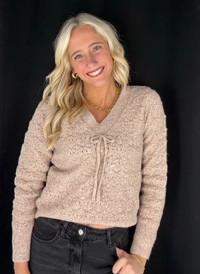 Bow Detail V Neck Sweater-Tan