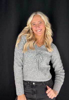 Bow Detail V Neck Sweater-Grey