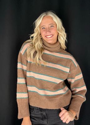 Coastal Stripe Turtle Neck Sweater-Brown