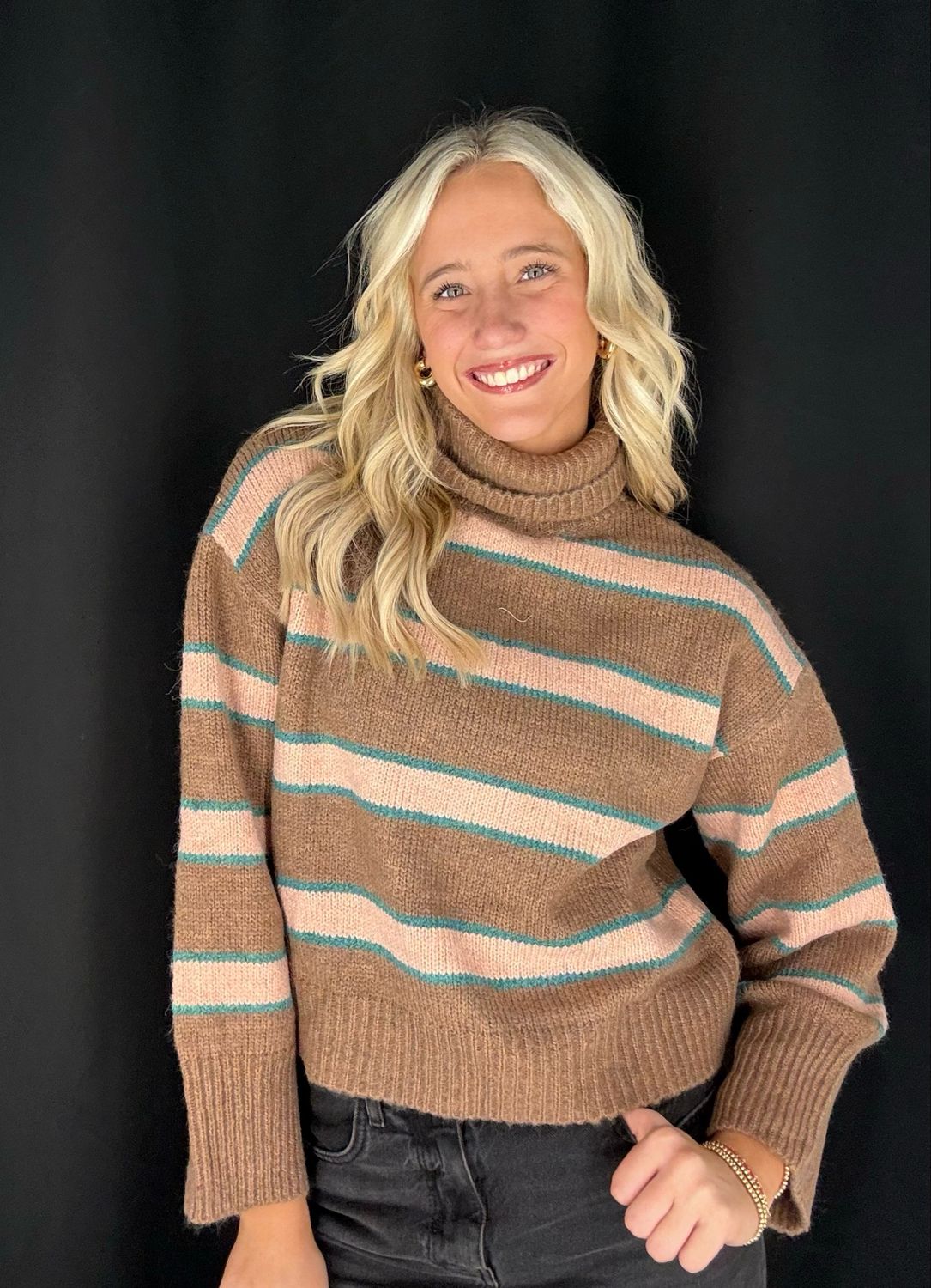 Coastal Stripe Turtle Neck Sweater-Brown