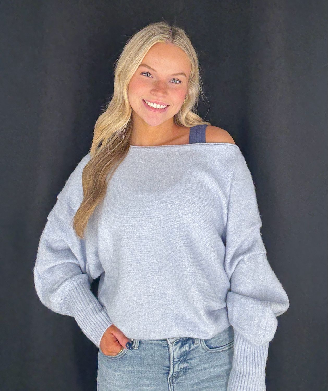 Melissa Off Shoulder Sweater-Blue