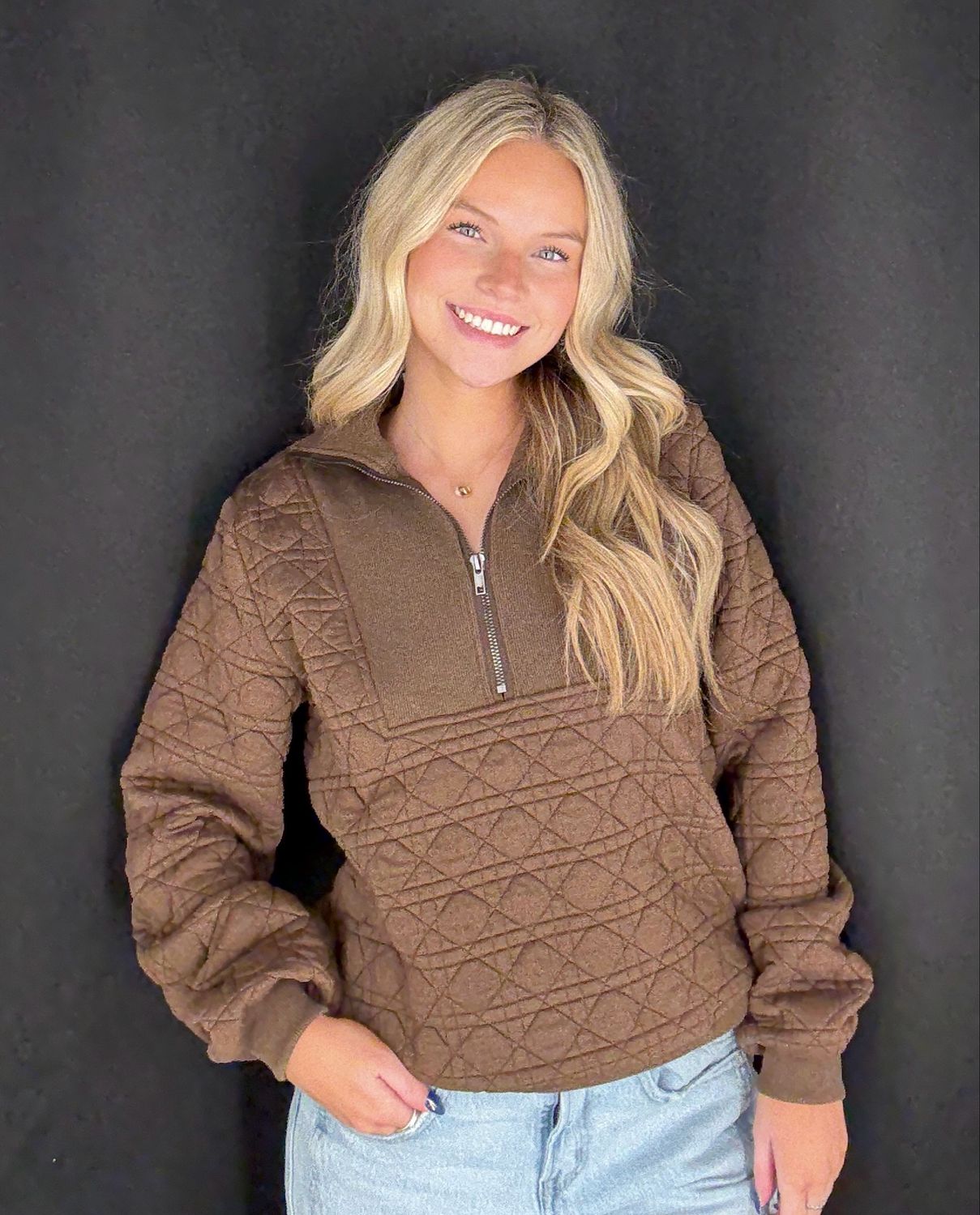Quilted Half Zip-Mocha