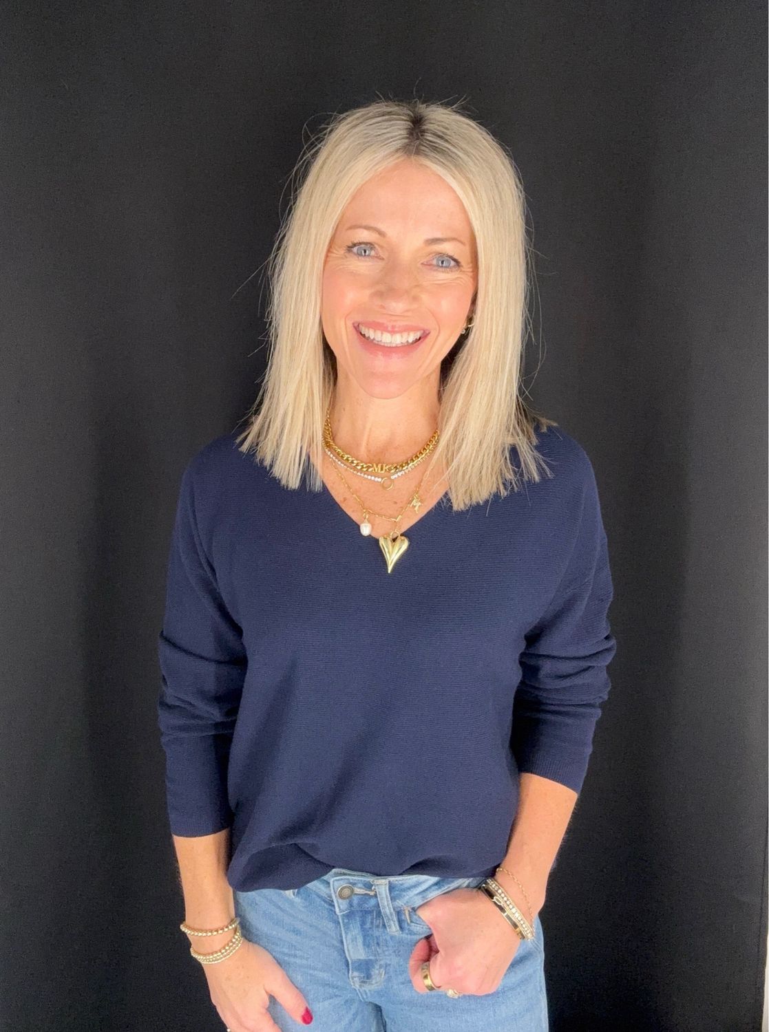 Kally V Neck Sweater-Navy