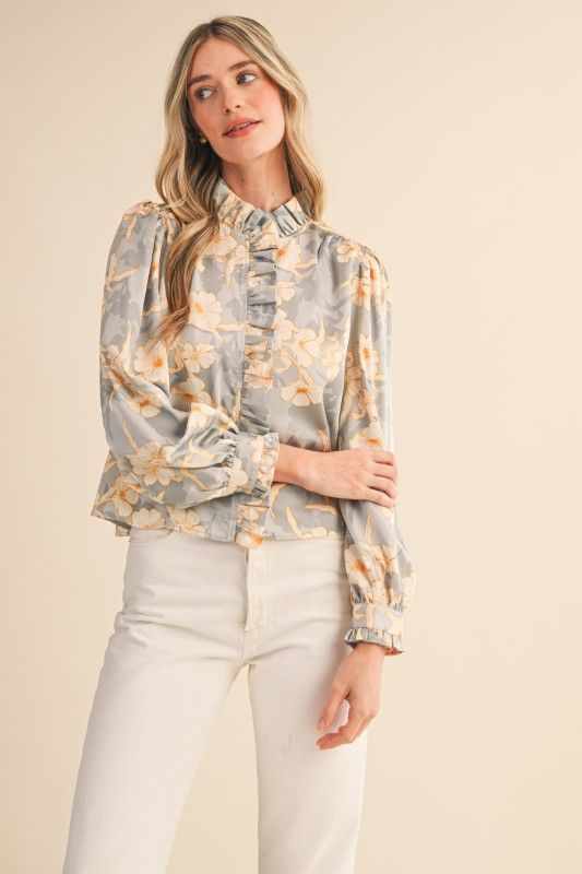 Grey Floral Silky Top