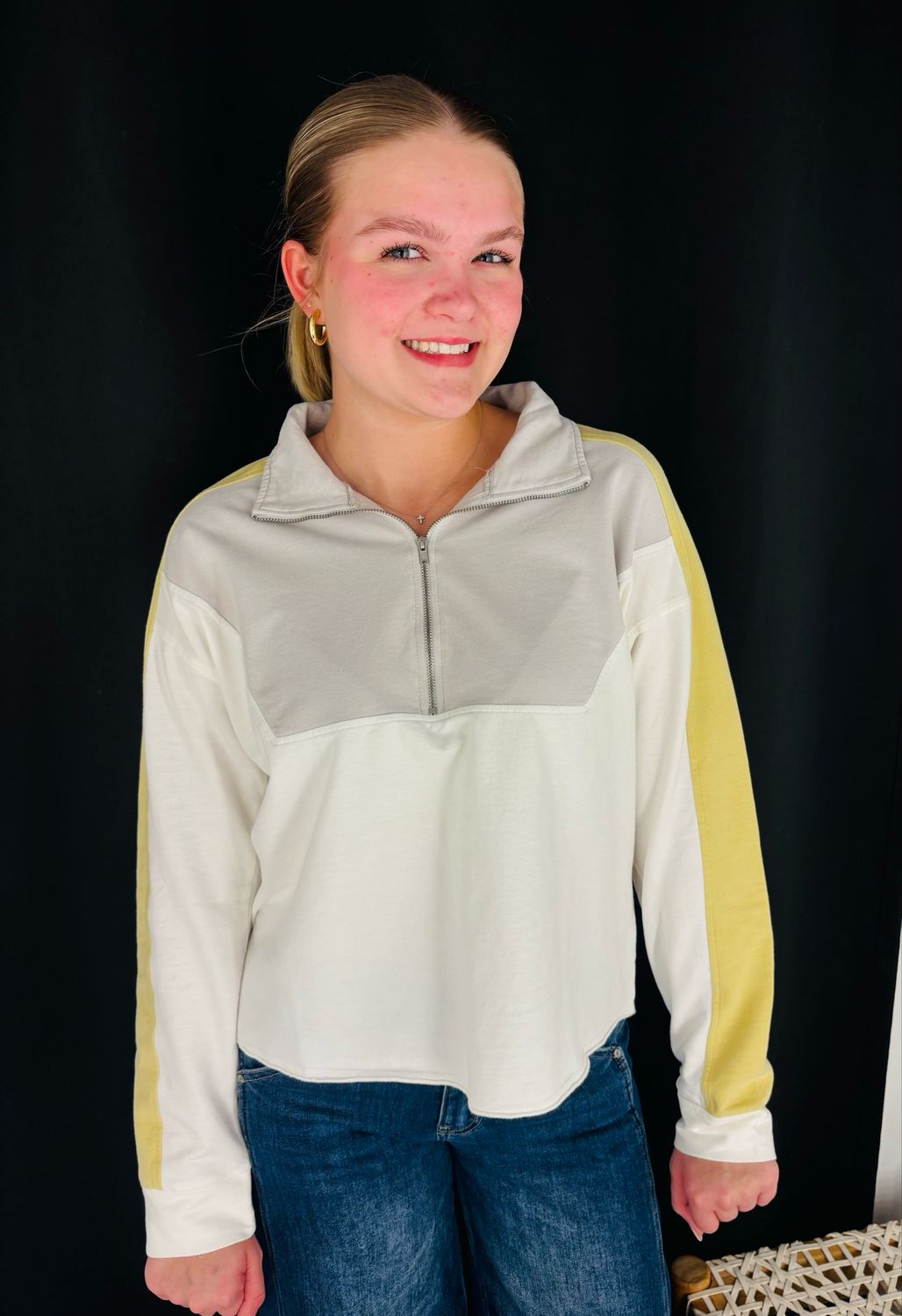 Colorblock Terry Half Zip-Cream