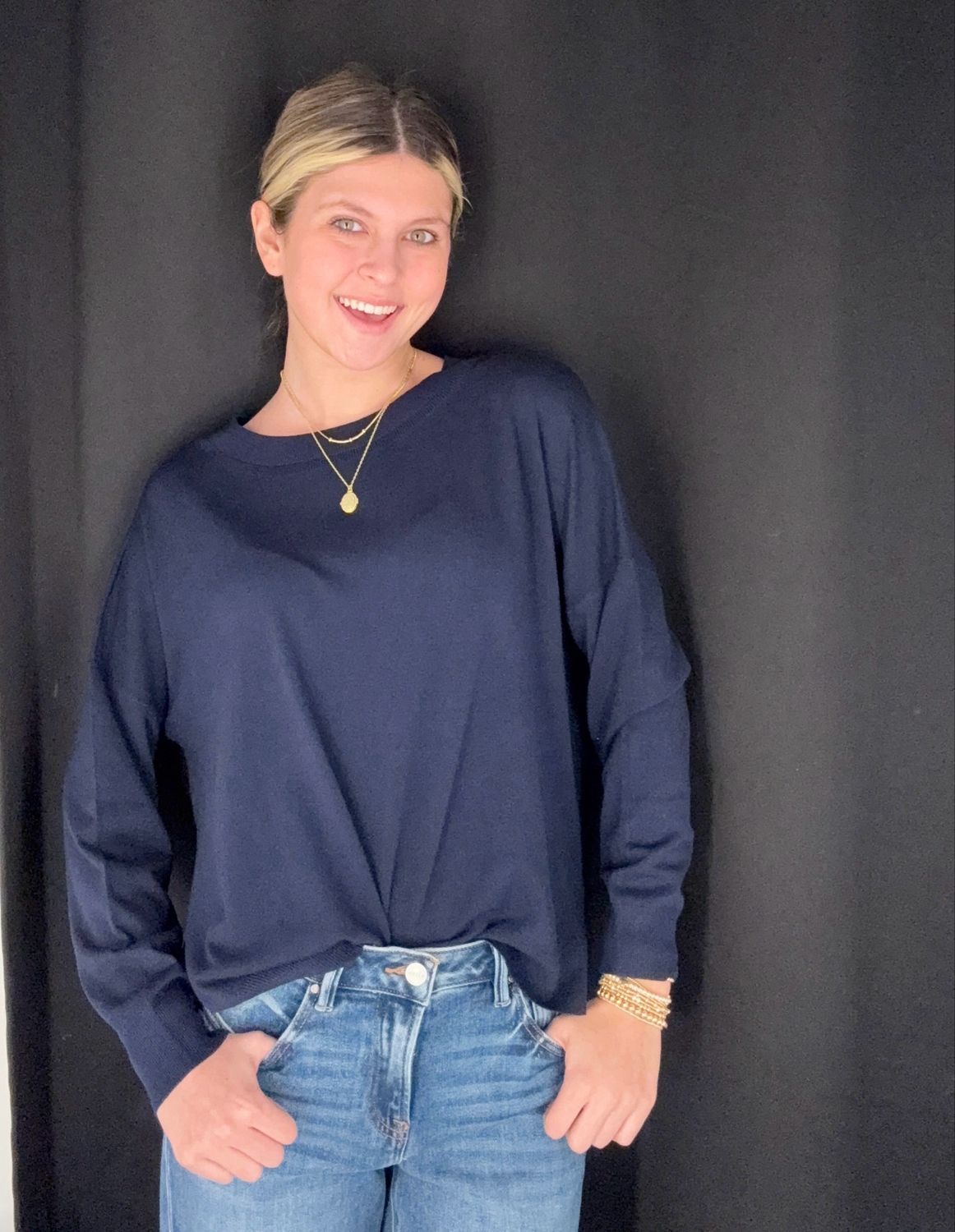 Mally Mesh Neck Sweater-Navy