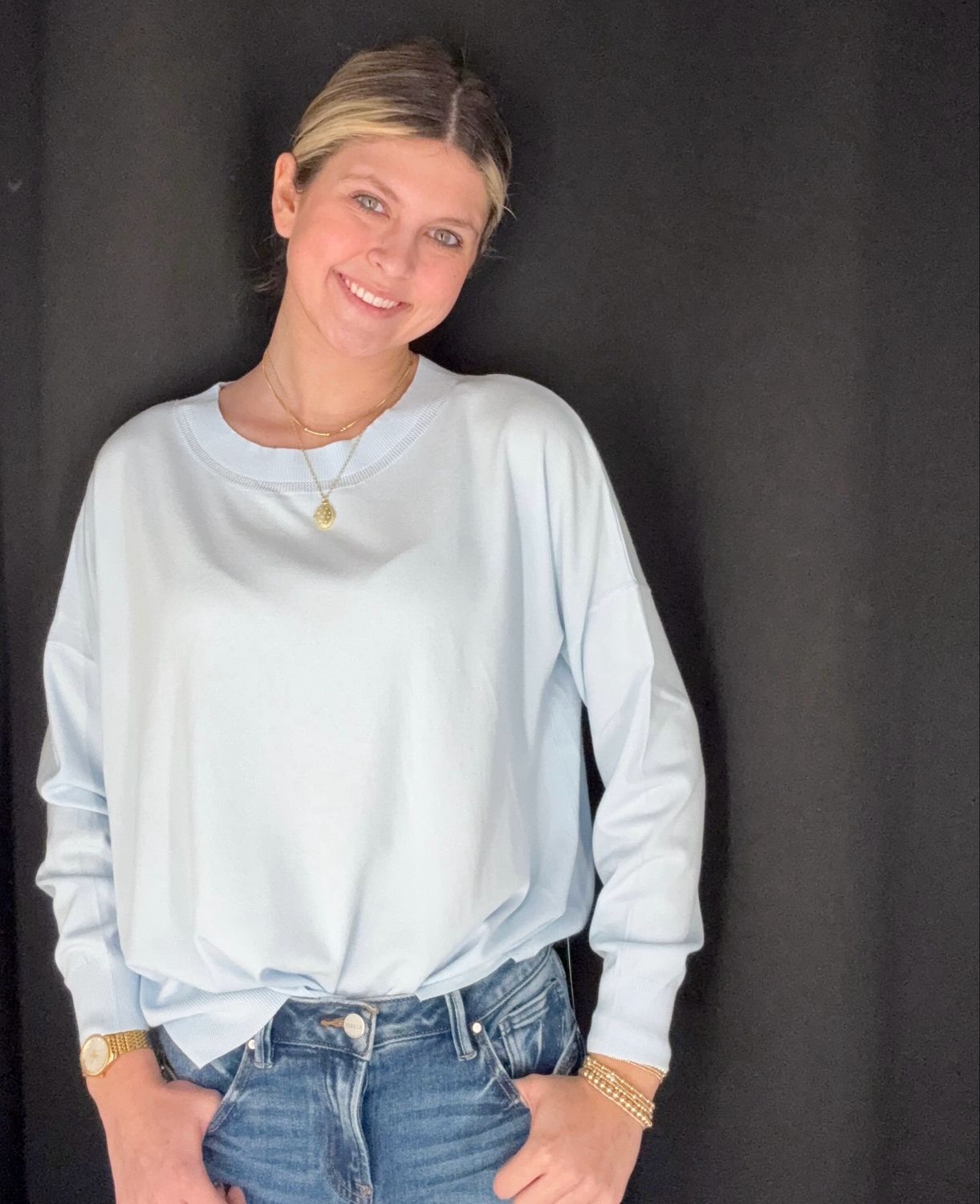 Mally Mesh Neck Sweater-Lt Blue