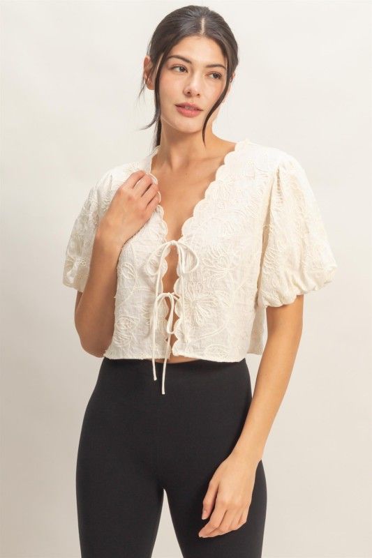 Leah Emb Tie Top-Cream