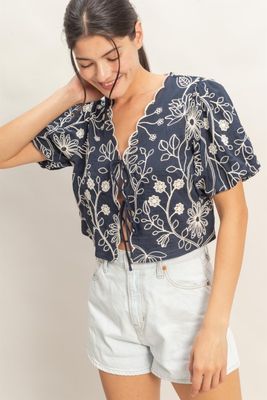 Leah Emb Tie Top-Navy