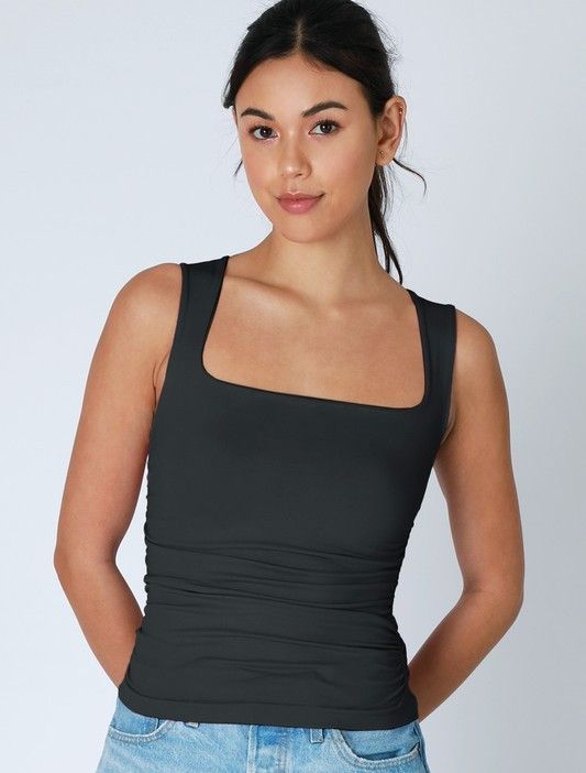 Shirred Side Tank-Blk