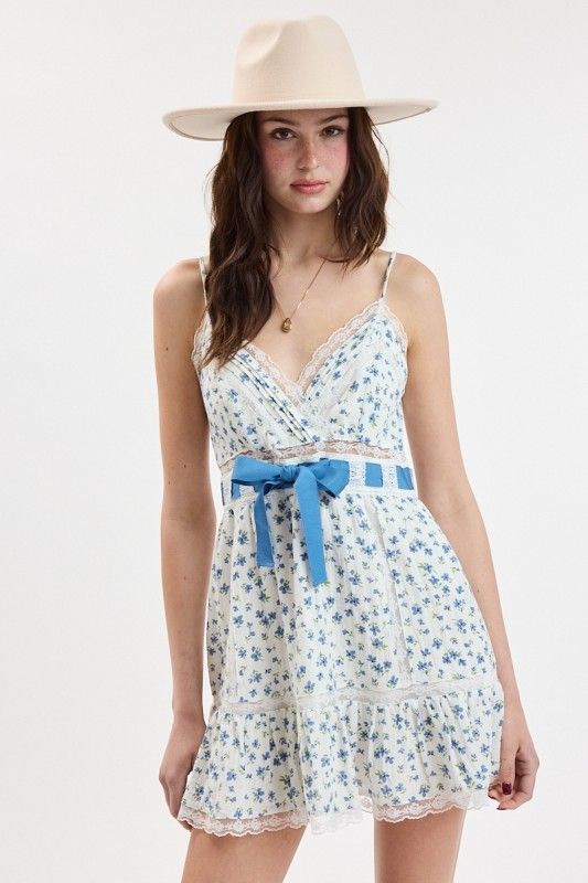 Floral Ribbon Tie Mini Dress-Blue