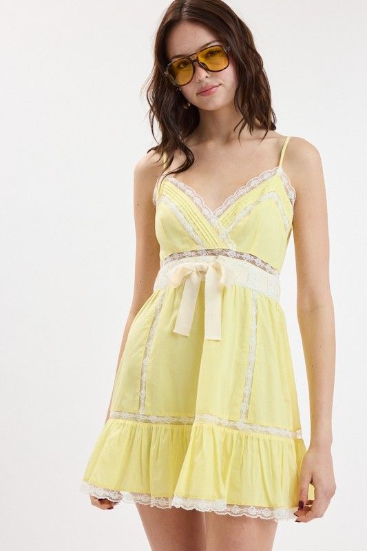 Solid Ribbon Tie Mini Dress-Yellow